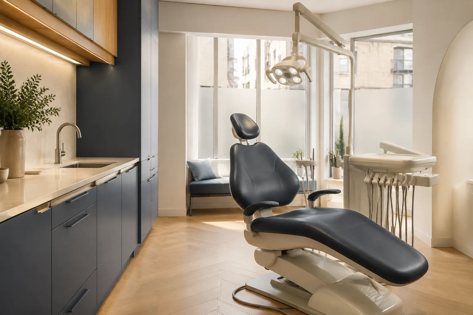 Calm modern dental treatment room with a dental chair and contemporary equipment
