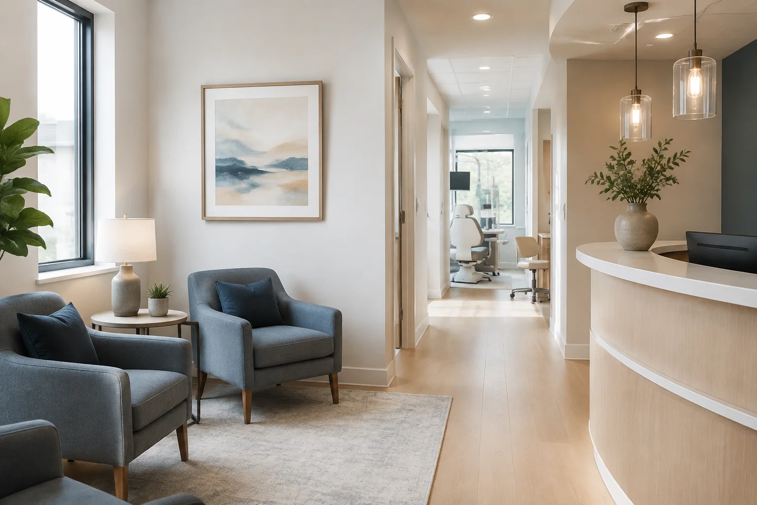 Welcoming reception and waiting area inside a modern dental practice