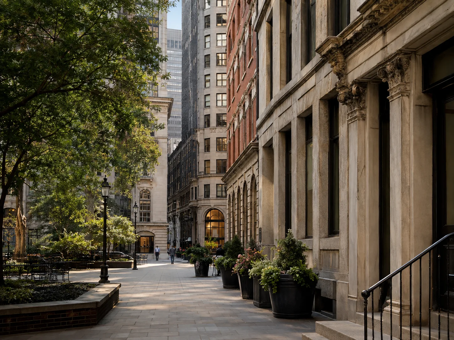 Lower Manhattan streetscape near Hanover Square